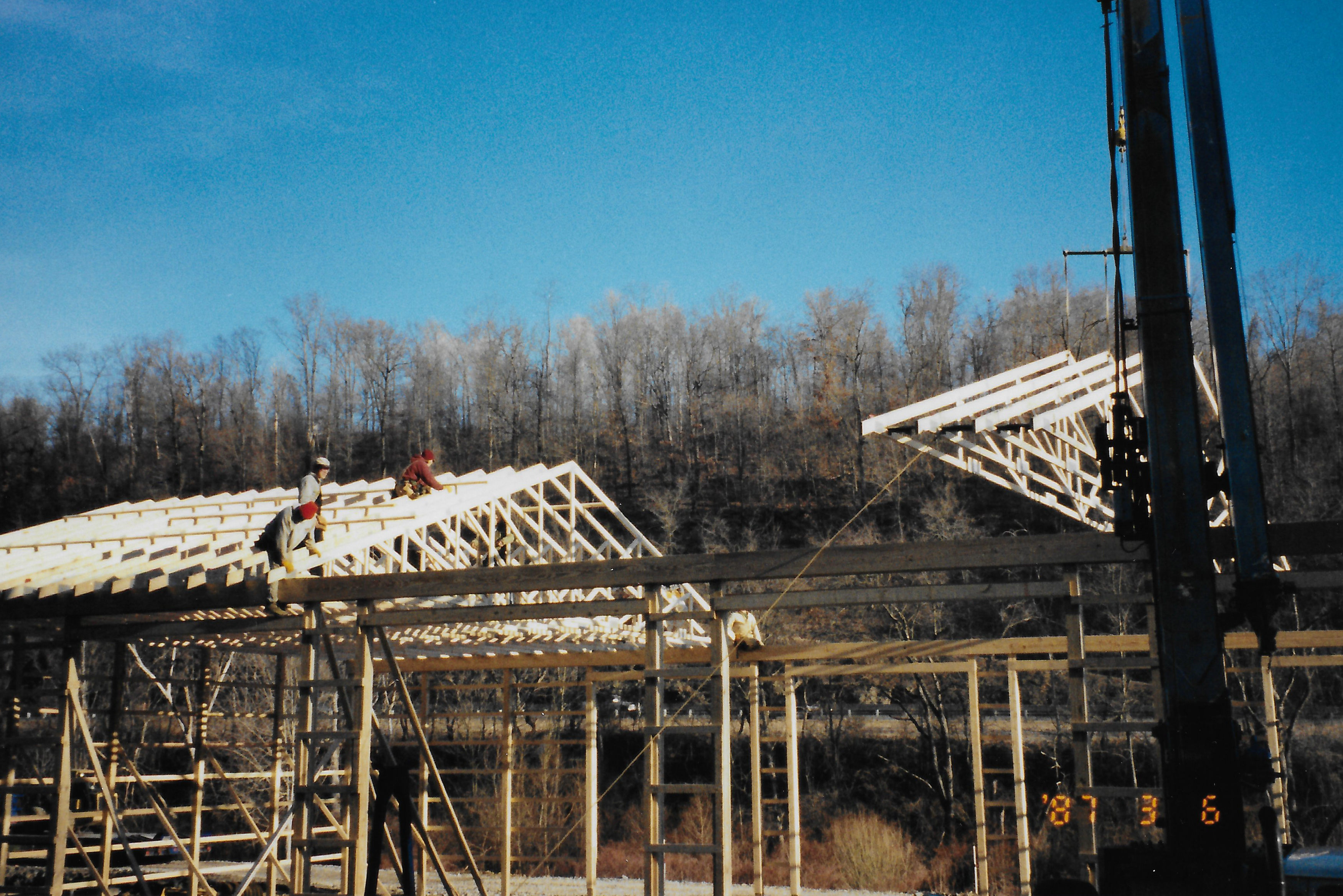 Roof trusses being installed on the second Indiana Township building